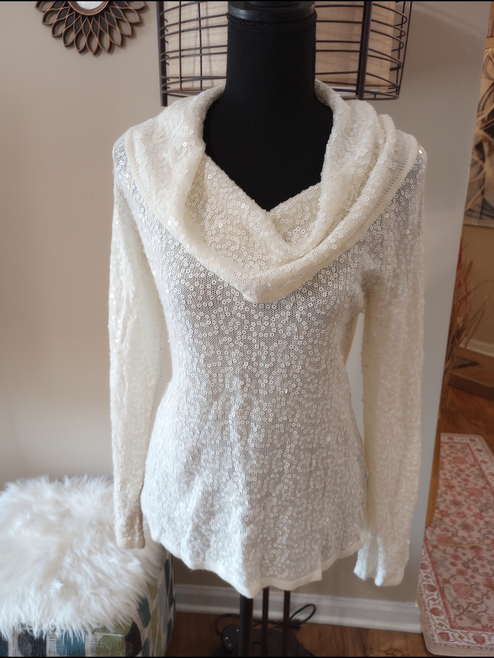 IMAN Ivory Sequin Cowl Neck Sweater